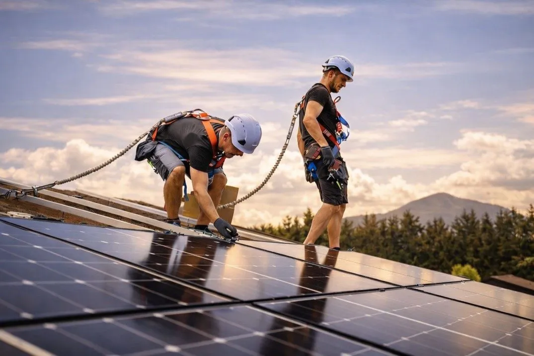 Solaranlage-Montage bei Sonnenuntergang